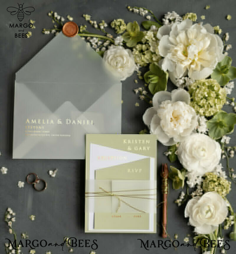 Wedding invitations UK gold pastel green colour theme  -2
