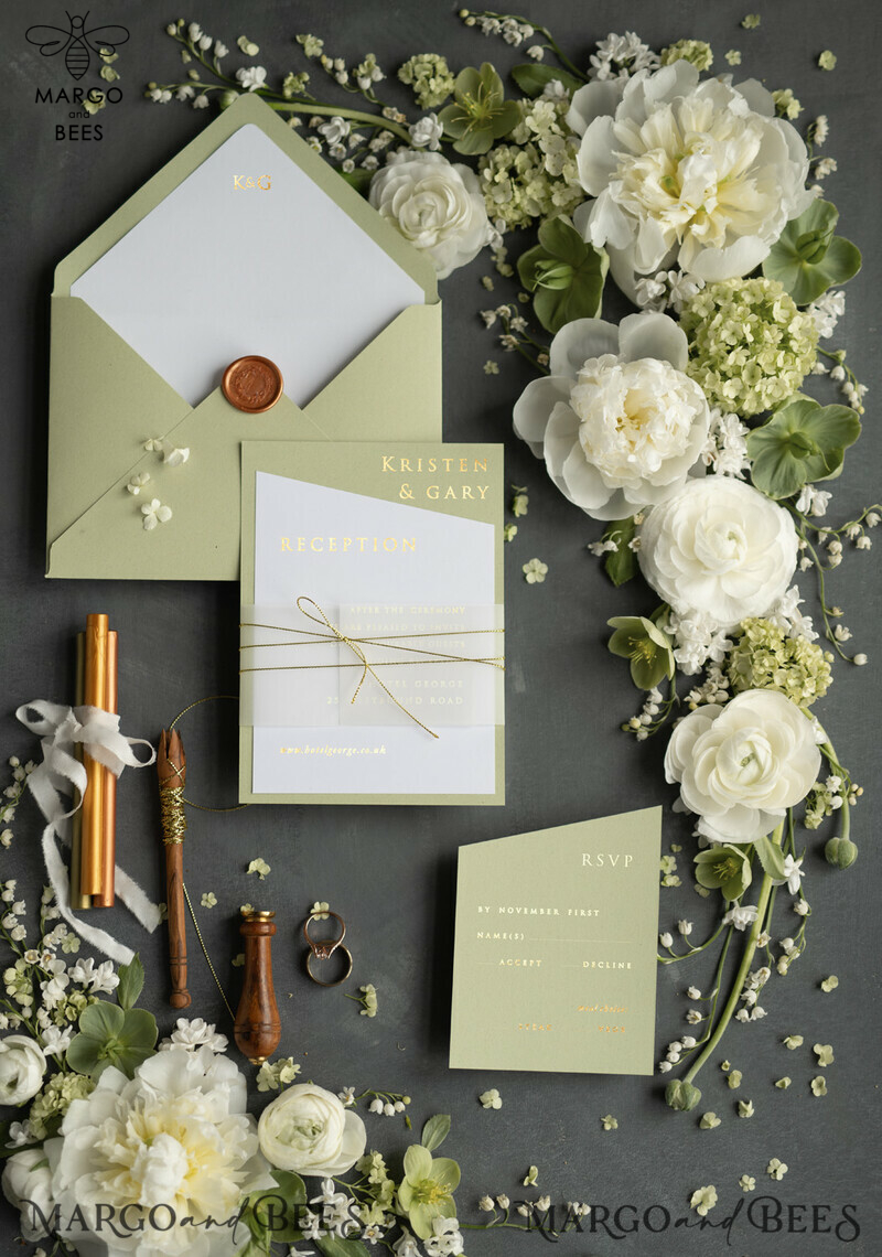 Luxury Gold Foil Wedding Invites, Elegant Sage Green Wedding Invites, Glamour Golden Shine Wedding Invitation Suite, Geometric Wedding Cards-3