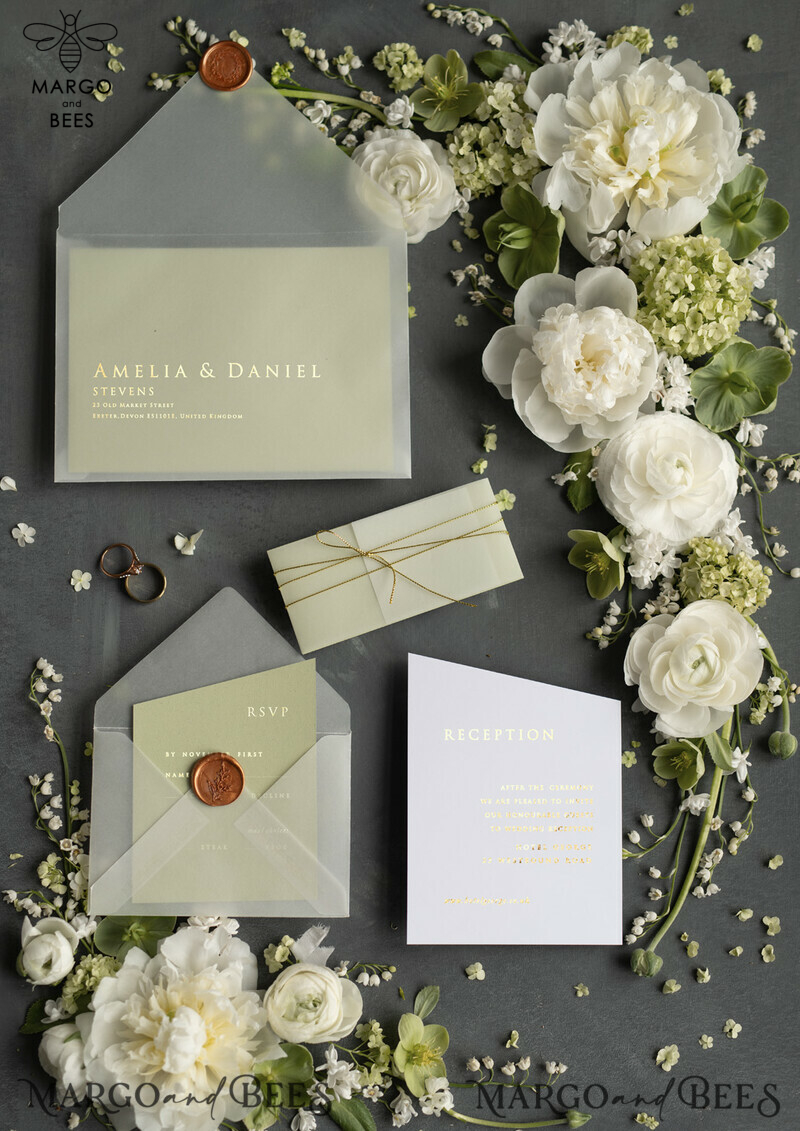 Wedding invitations UK gold pastel green colour theme  -4