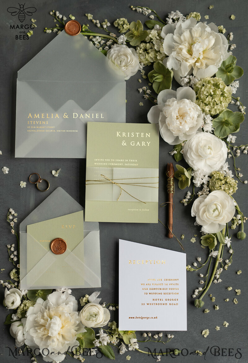 Luxury Gold Foil Wedding Invites, Elegant Sage Green Wedding Invites, Glamour Golden Shine Wedding Invitation Suite, Geometric Wedding Cards-5