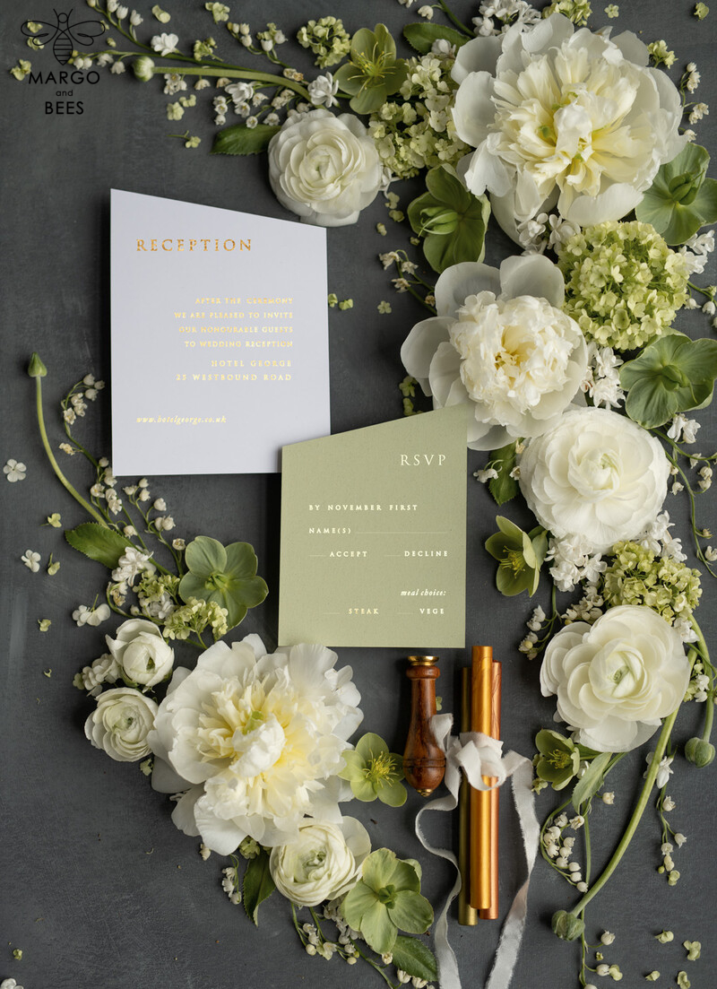 Luxury Gold Foil Wedding Invites, Elegant Sage Green Wedding Invites, Glamour Golden Shine Wedding Invitation Suite, Geometric Wedding Cards-7