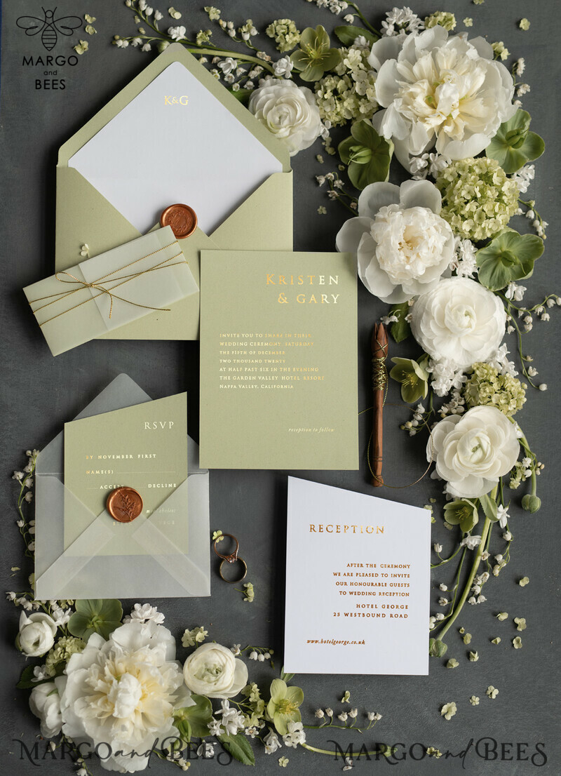 Wedding invitations UK gold pastel green colour theme  -0