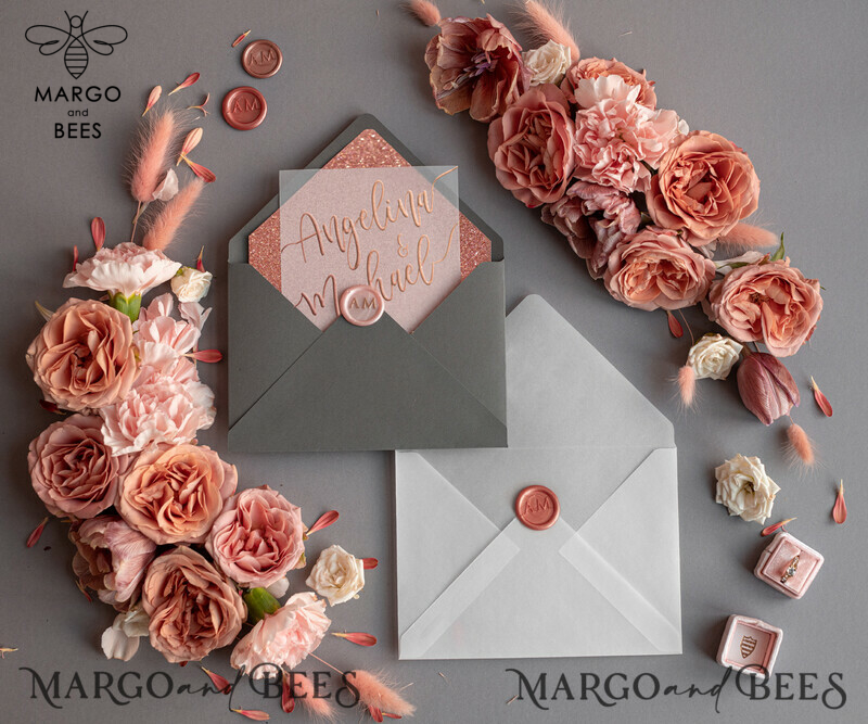 Bespoke wedding invitations, Rose Gold Vellum Wedding Invitation Suite, Pink Glitter  and Grey Wedding Stationery  -10