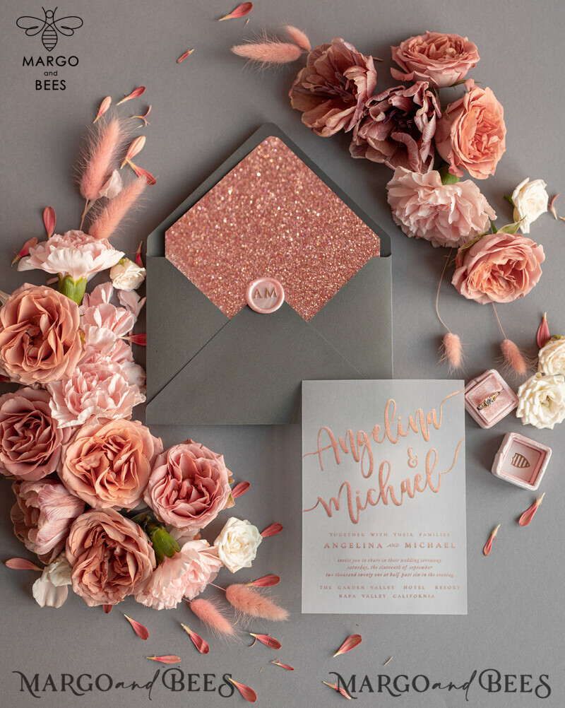 Bespoke wedding invitations, Rose Gold Vellum Wedding Invitation Suite, Pink Glitter  and Grey Wedding Stationery  -11