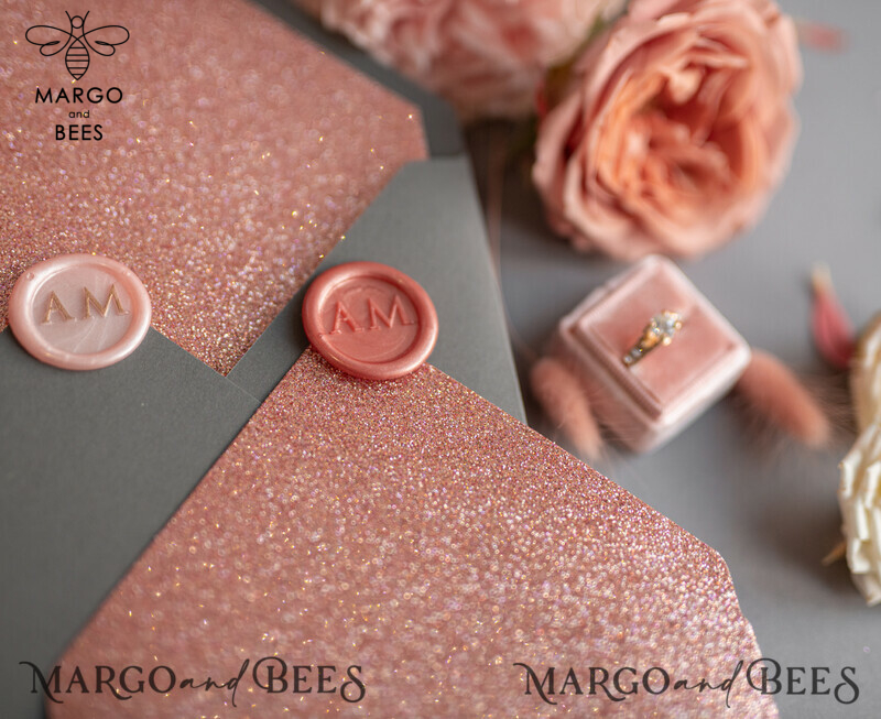 Bespoke wedding invitations, Rose Gold Vellum Wedding Invitation Suite, Pink Glitter  and Grey Wedding Stationery  -13