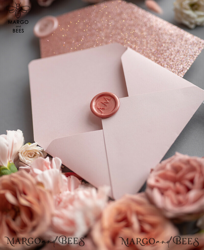 Bespoke wedding invitations, Rose Gold Vellum Wedding Invitation Suite, Pink Glitter  and Grey Wedding Stationery  -14