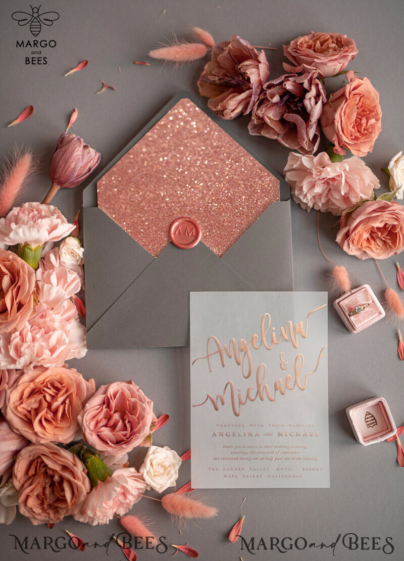 Bespoke wedding invitations, Rose Gold Vellum Wedding Invitation Suite, Pink Glitter  and Grey Wedding Stationery  -18
