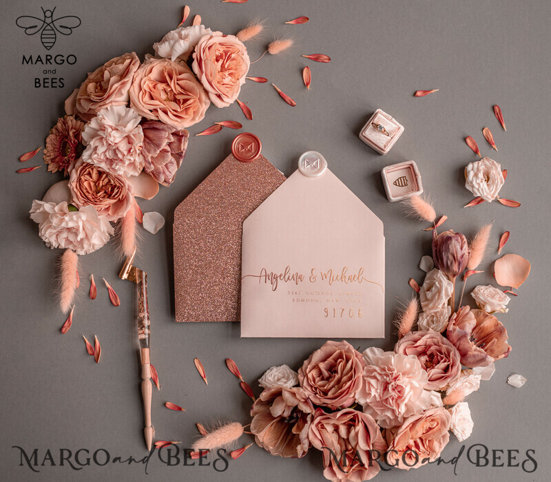  Glamour Rose Gold Wedding Invitations, Luxury Pink Glitter Wedding Cards, Elegant Grey Pink Wedding Invitation Suite, Romantic Blush Pink Wedding Invites-2