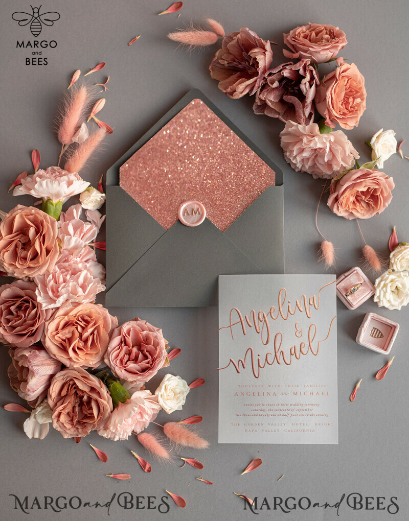 Bespoke wedding invitations, Rose Gold Vellum Wedding Invitation Suite, Pink Glitter  and Grey Wedding Stationery  -3