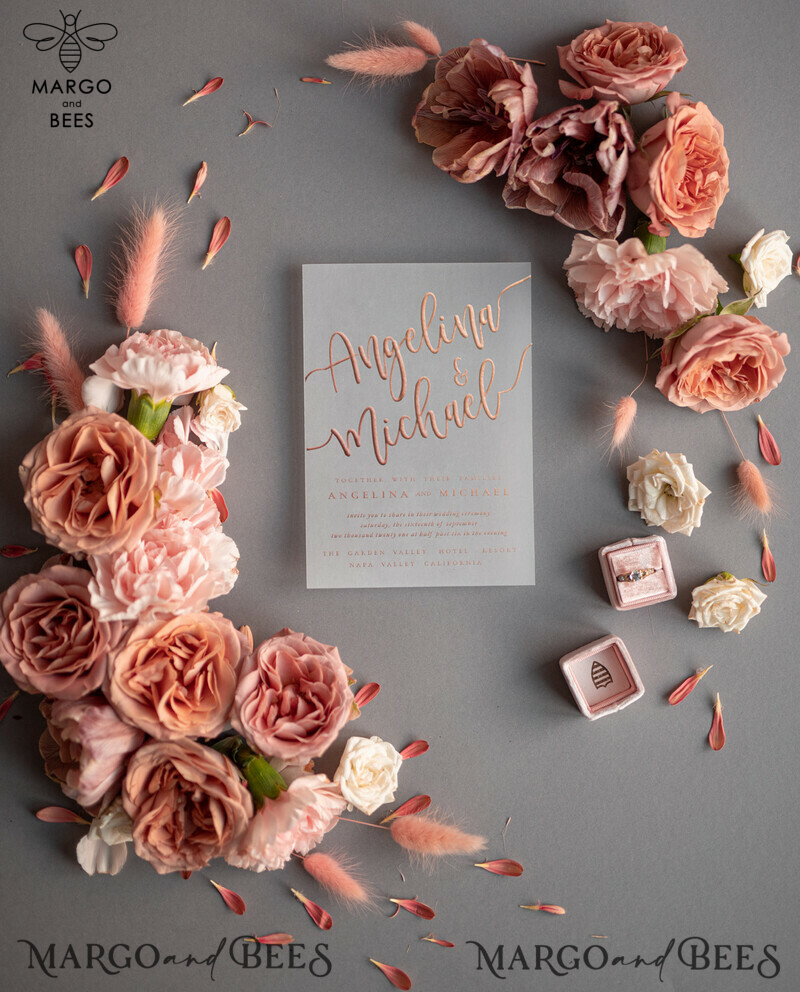 Bespoke wedding invitations, Rose Gold Vellum Wedding Invitation Suite, Pink Glitter  and Grey Wedding Stationery  -4