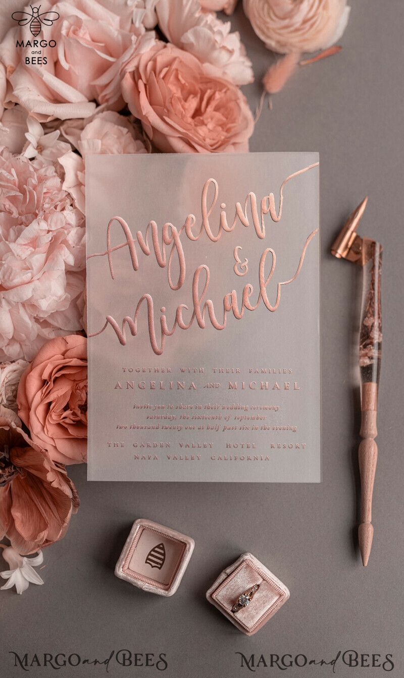 Bespoke wedding invitations, Rose Gold Vellum Wedding Invitation Suite, Pink Glitter  and Grey Wedding Stationery  -5