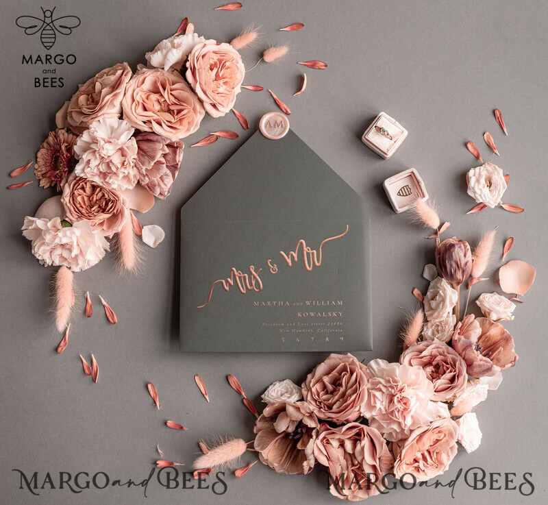Bespoke wedding invitations, Rose Gold Vellum Wedding Invitation Suite, Pink Glitter  and Grey Wedding Stationery  -6