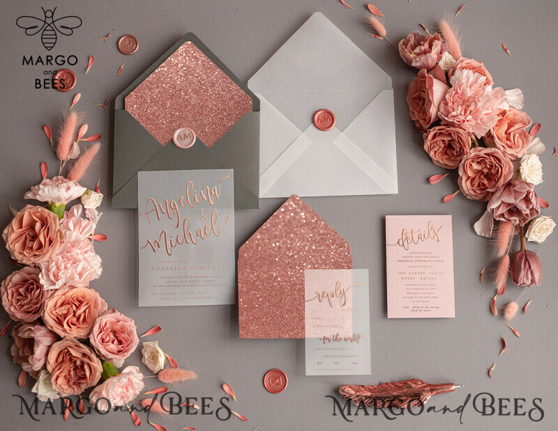 Bespoke wedding invitations, Rose Gold Vellum Wedding Invitation Suite, Pink Glitter  and Grey Wedding Stationery  -7
