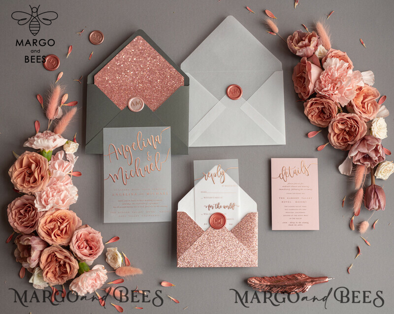  Glamour Rose Gold Wedding Invitations, Luxury Pink Glitter Wedding Cards, Elegant Grey Pink Wedding Invitation Suite, Romantic Blush Pink Wedding Invites-8