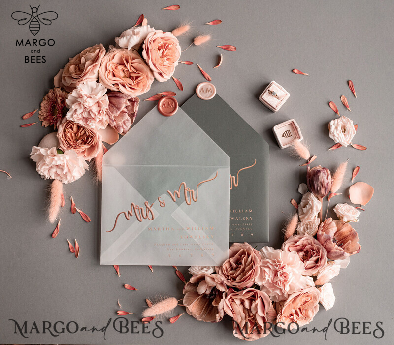Bespoke wedding invitations, Rose Gold Vellum Wedding Invitation Suite, Pink Glitter  and Grey Wedding Stationery  -9