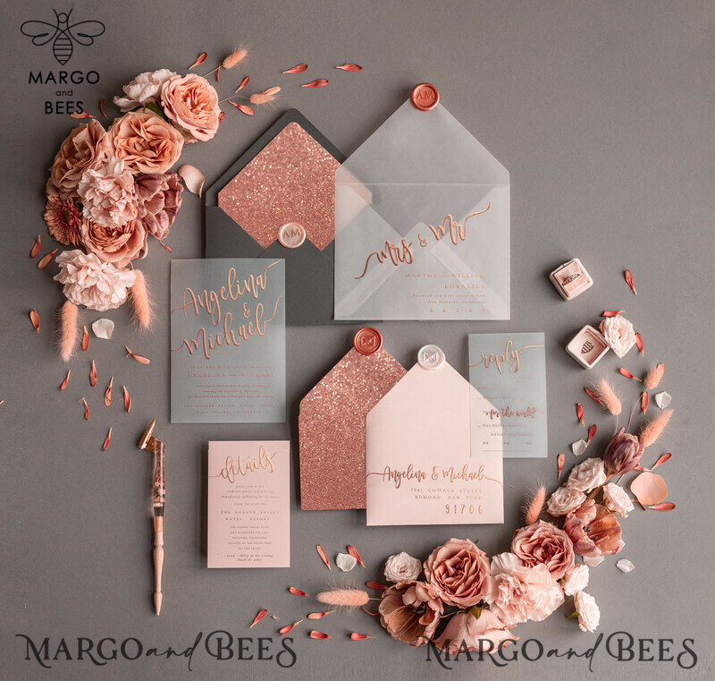 Bespoke wedding invitations, Rose Gold Vellum Wedding Invitation Suite, Pink Glitter  and Grey Wedding Stationery  -0