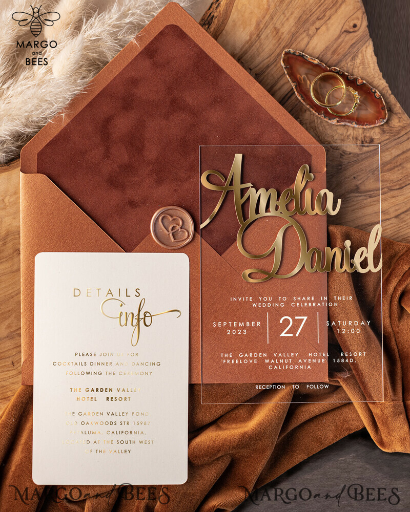 Bespoke Terracotta  wedding invitations, Glamour Acrylic  Wedding Invitations, Golden Velvet Wedding Invitation Suite, Luxury Wedding Cards-3
