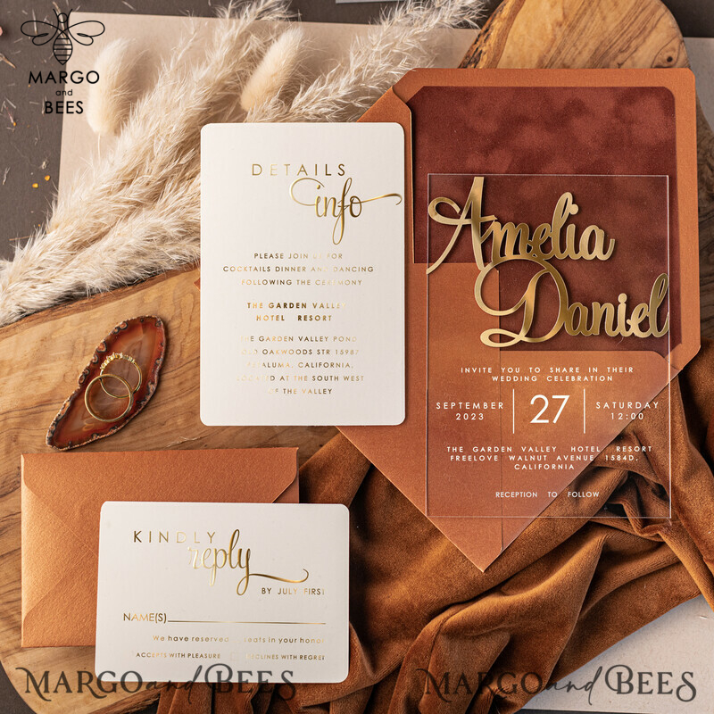 Exquisite Handcrafted Wedding Invitations: Bespoke Terracotta, Glamour Acrylic, Golden Velvet, Luxury Cards-0
