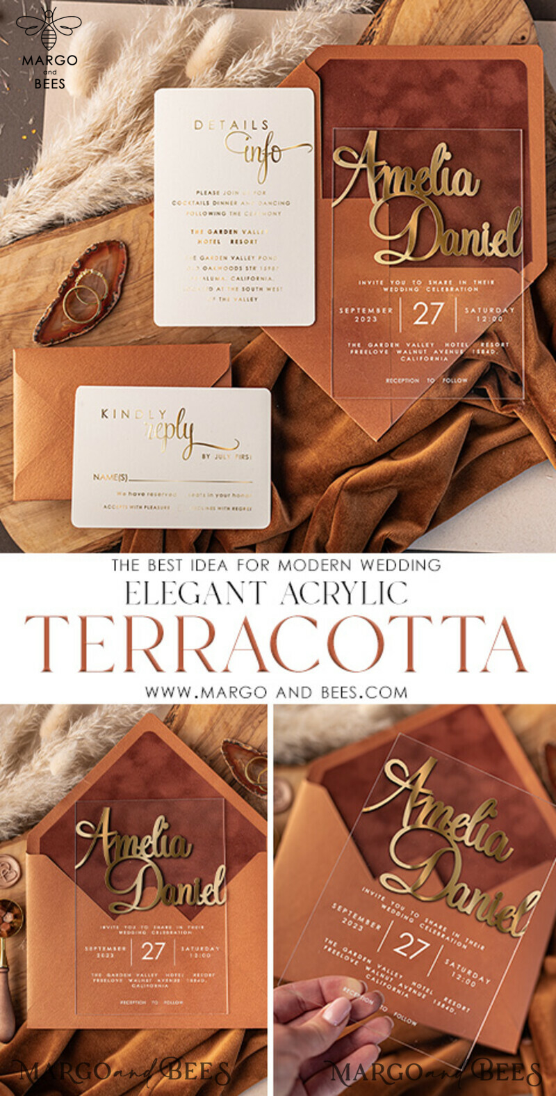 Exquisite Handcrafted Wedding Invitations: Bespoke Terracotta, Glamour Acrylic, Golden Velvet, Luxury Cards-3