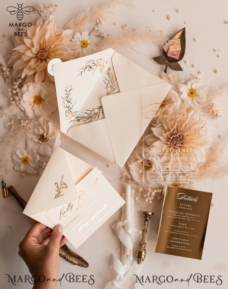 Acrylic Glamour: Golden Shine with Luxury Gold Wedding Invitations Suite-6