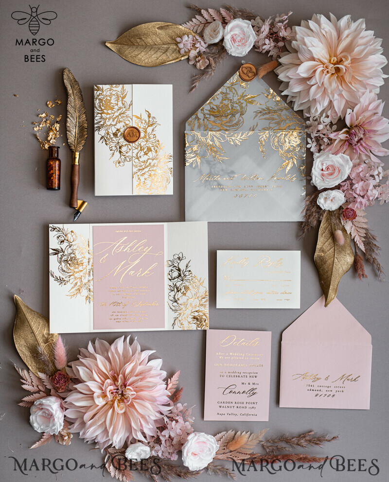 Romantic Blush Pink Wedding Invites, Glamour Gold Wedding Cards, Luxury Bespoke Wedding Invitation Suite, Elegant Vellum Wedding Invitations-0