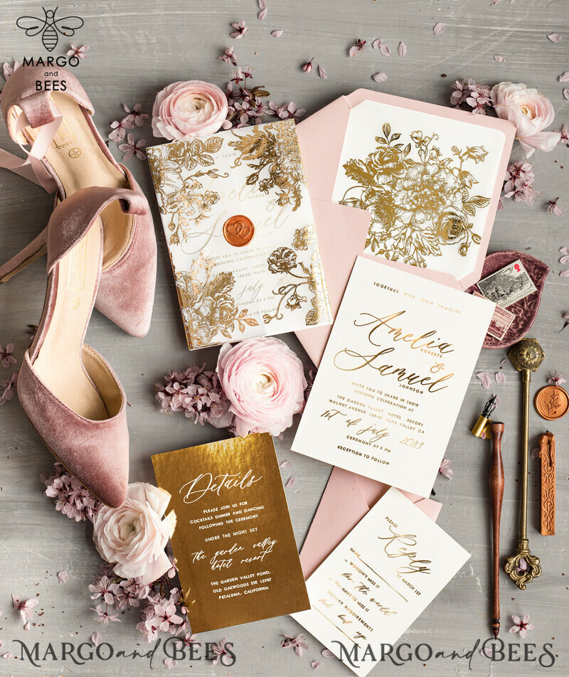 Golden Foil wedding invitation set, Elegant Wedding Invitations , Gold Wedding Invitation Suite, Luxury wedding Cards-0