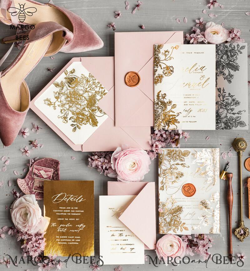 Golden Foil wedding invitation set, Elegant Wedding Invitations , Gold Wedding Invitation Suite, Luxury wedding Cards-2