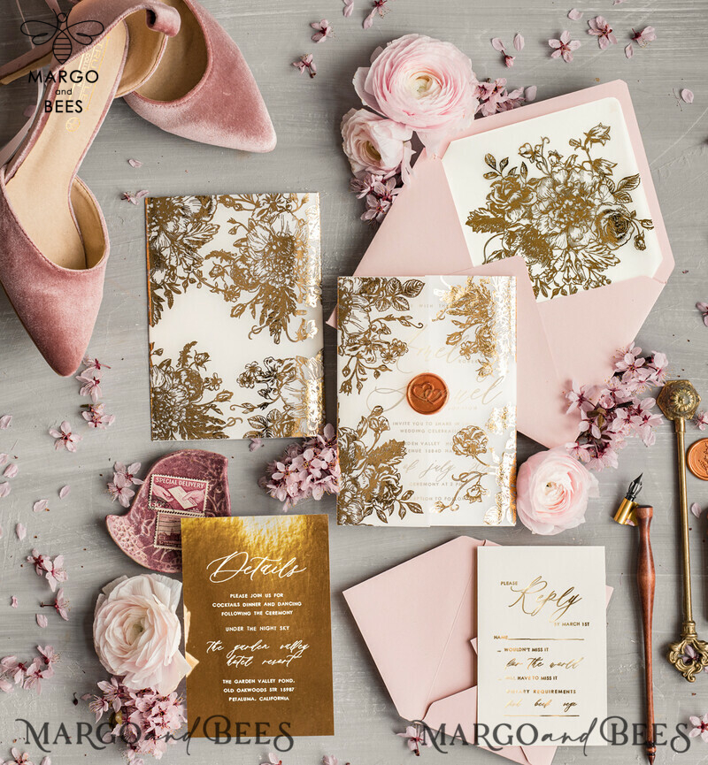 Golden Foil wedding invitation set, Elegant Wedding Invitations , Gold Wedding Invitation Suite, Luxury wedding Cards-4