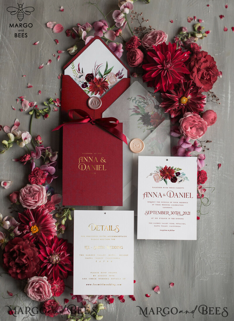 Romantic Red Wedding Invites With Bow, Glamour Floral Wedding Invitations, Indian Luxury Gold Foil Wedding Cards, Bespoke Burgundy Pocket Wedding Invitation Suite-1