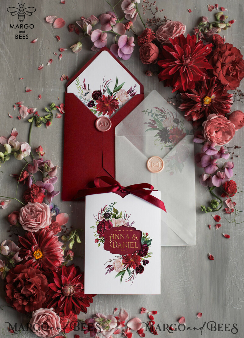 Romantic Red Wedding Invites With Bow, Glamour Floral Wedding Invitations, Indian Luxury Gold Foil Wedding Cards, Bespoke Burgundy Pocket Wedding Invitation Suite-3