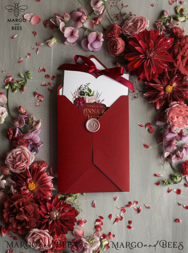 Romantic Red Wedding Invites With Bow, Glamour Floral Wedding Invitations, Indian Luxury Gold Foil Wedding Cards, Bespoke Burgundy Pocket Wedding Invitation Suite-4