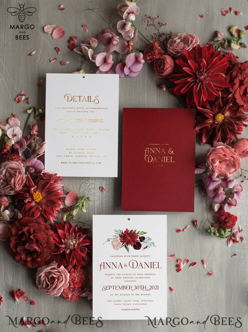 Romantic Red Wedding Invites With Bow, Glamour Floral Wedding Invitations, Indian Luxury Gold Foil Wedding Cards, Bespoke Burgundy Pocket Wedding Invitation Suite-5