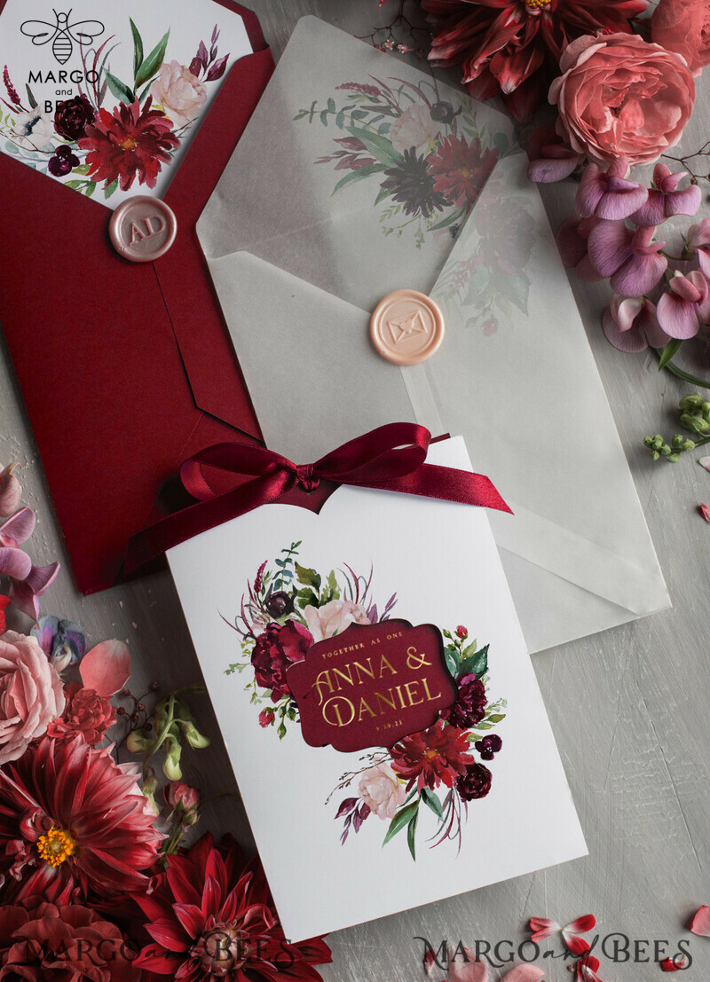 Romantic Red Wedding Invites With Bow, Glamour Floral Wedding Invitations, Indian Luxury Gold Foil Wedding Cards, Bespoke Burgundy Pocket Wedding Invitation Suite-6