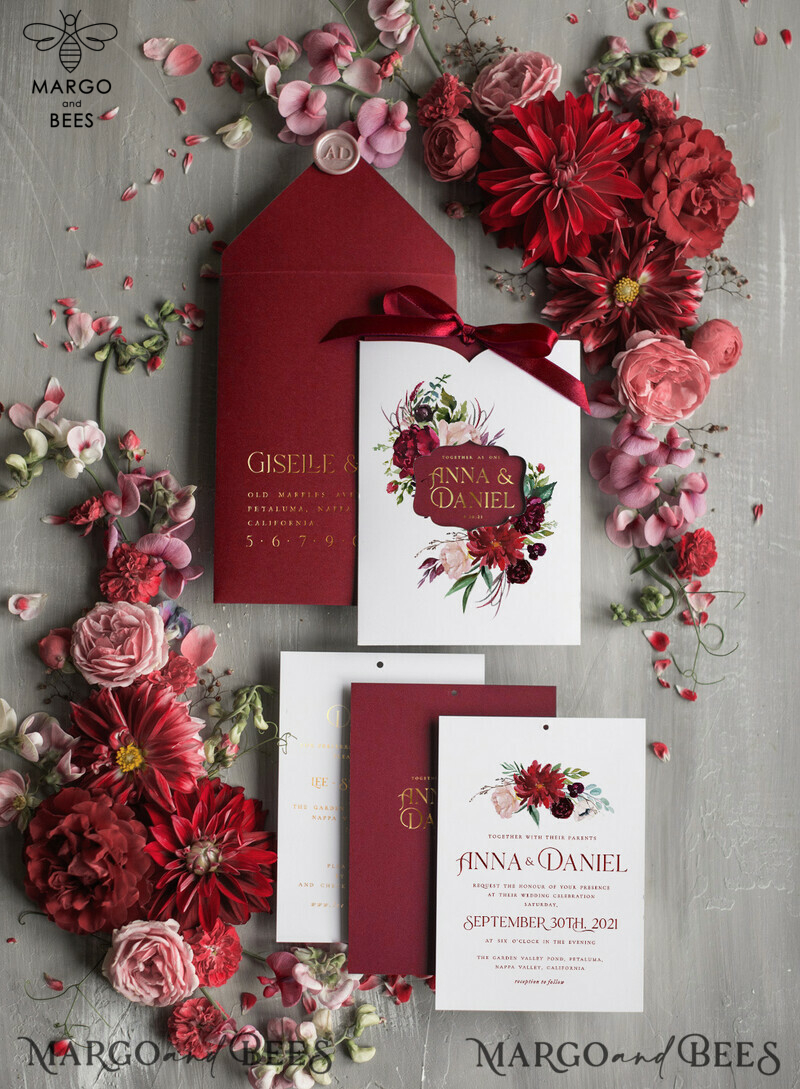 Marsala wedding invitation Suite, Luxury Indian Red and Gold Wedding Cards, Pocket Wedding Invites with burgundy Bow -7