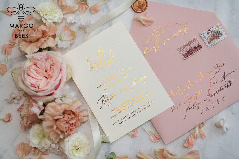 Bespoke Vellum Wedding Invitation Suite: Romantic Blush Pink and Glamour Gold Foil for Elegant Golden Wedding Invites-1