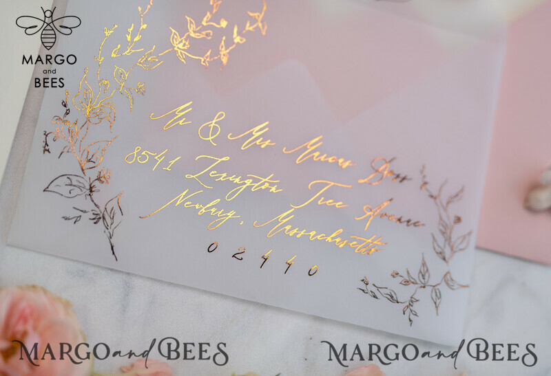 Bespoke Vellum Wedding Invitation Suite: Romantic Blush Pink and Glamour Gold Foil for an Elegant Golden Affair-10