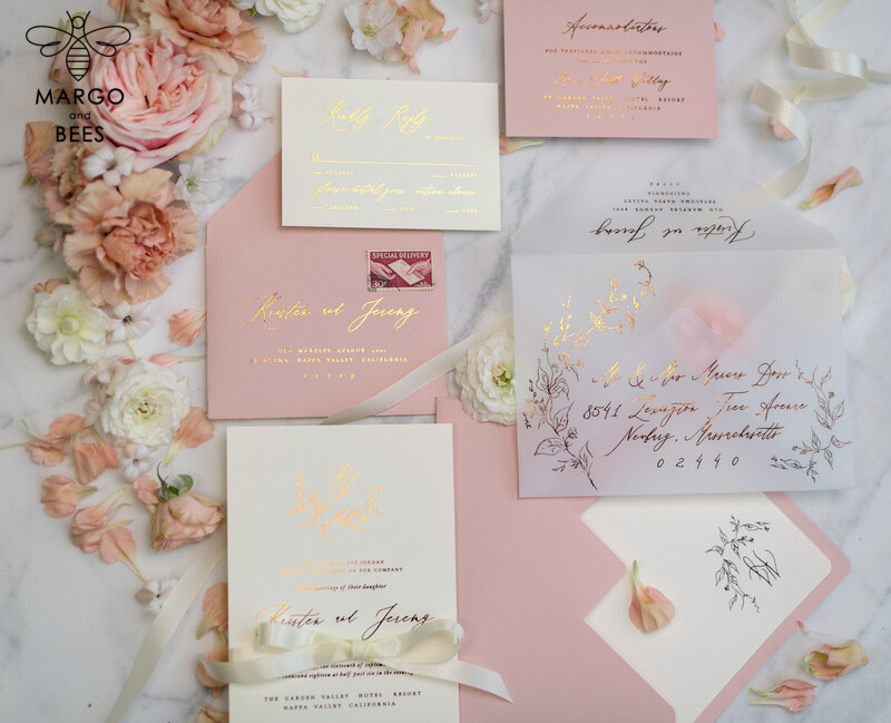 Bespoke Vellum Wedding Invitation Suite: Romantic Blush Pink and Glamour Gold Foil for an Elegant Golden Affair-12