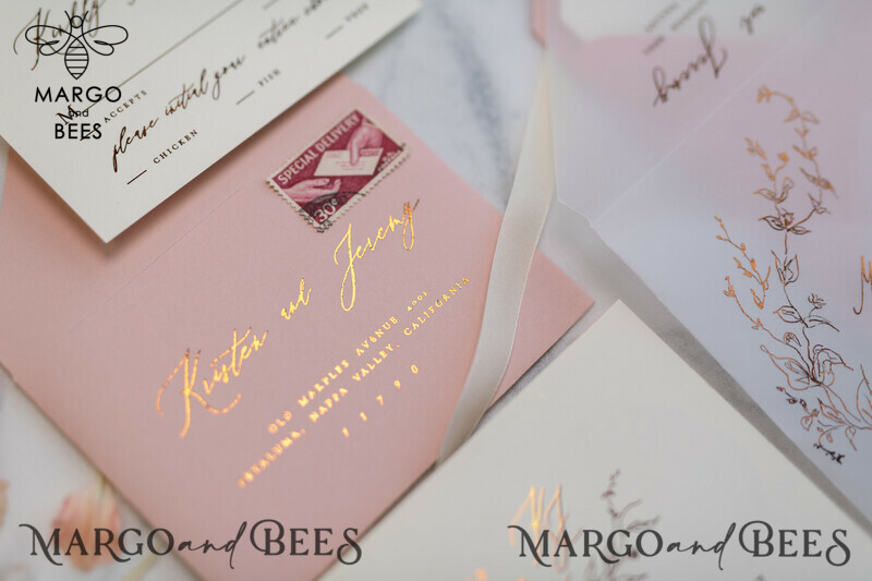 Bespoke Vellum Wedding Invitation Suite: Romantic Blush Pink and Glamour Gold Foil for Elegant Golden Wedding Invites-13