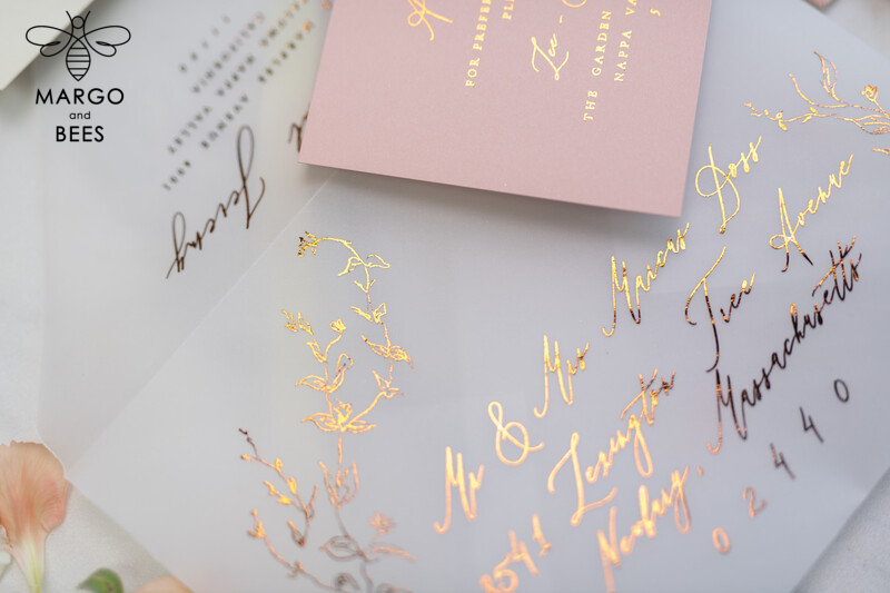 Bespoke Vellum Wedding Invitation Suite: Romantic Blush Pink and Glamour Gold Foil with Elegant Golden Touch-14