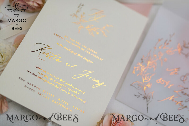 Bespoke Vellum Wedding Invitation Suite: Romantic Blush Pink and Glamour Gold Foil with Elegant Golden Touch-15
