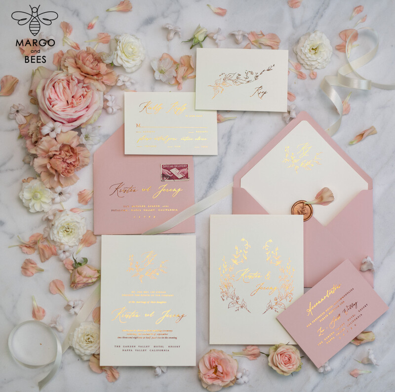 Bespoke Vellum Wedding Invitation Suite: Romantic Blush Pink and Glamour Gold Foil with Elegant Golden Touch-16