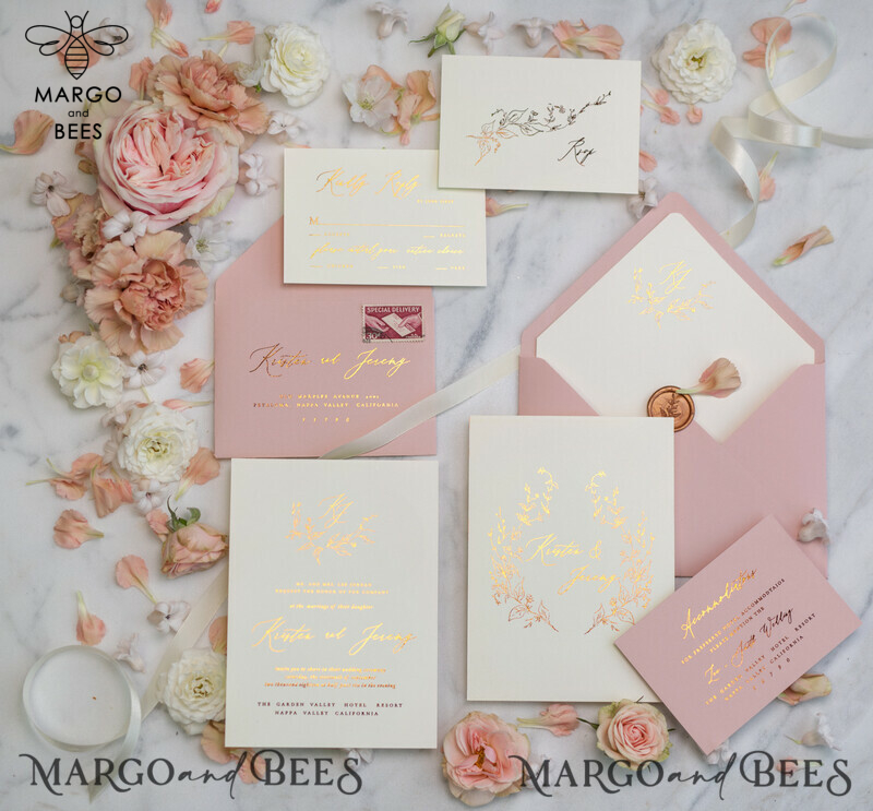 Bespoke Vellum Wedding Invitation Suite: Romantic Blush Pink and Glamour Gold Foil for Elegant Golden Wedding Invites-17