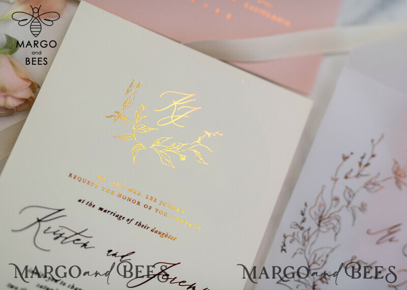 Bespoke Vellum Wedding Invitation Suite: Romantic Blush Pink and Glamour Gold Foil with Elegant Golden Touch-18