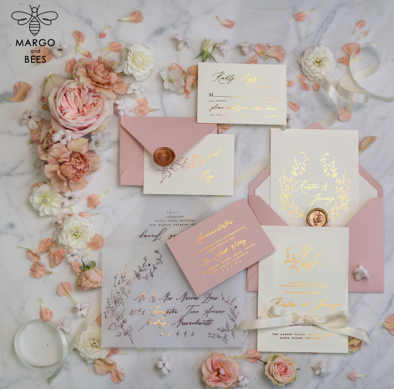 Bespoke Vellum Wedding Invitation Suite: Romantic Blush Pink and Glamour Gold Foil with Elegant Golden Touch-19