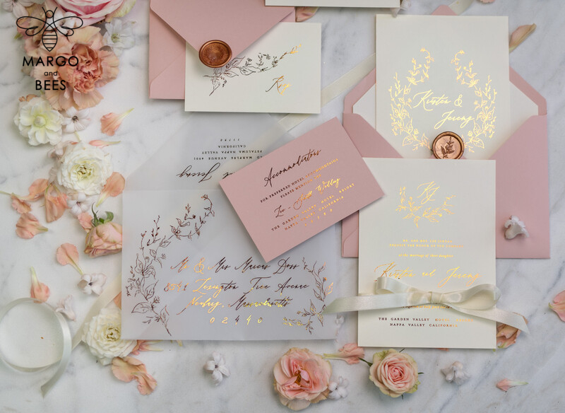 Bespoke Vellum Wedding Invitation Suite: Romantic Blush Pink and Glamour Gold Foil with Elegant Golden Touch-22