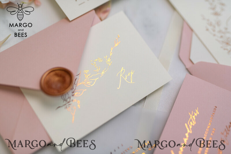 Bespoke Vellum Wedding Invitation Suite: Romantic Blush Pink and Glamour Gold Foil with Elegant Golden Touch-23