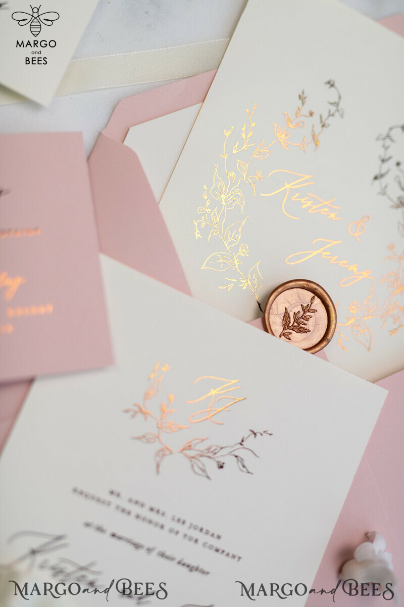 Bespoke Vellum Wedding Invitation Suite: Romantic Blush Pink and Glamour Gold Foil with Elegant Golden Touch-24