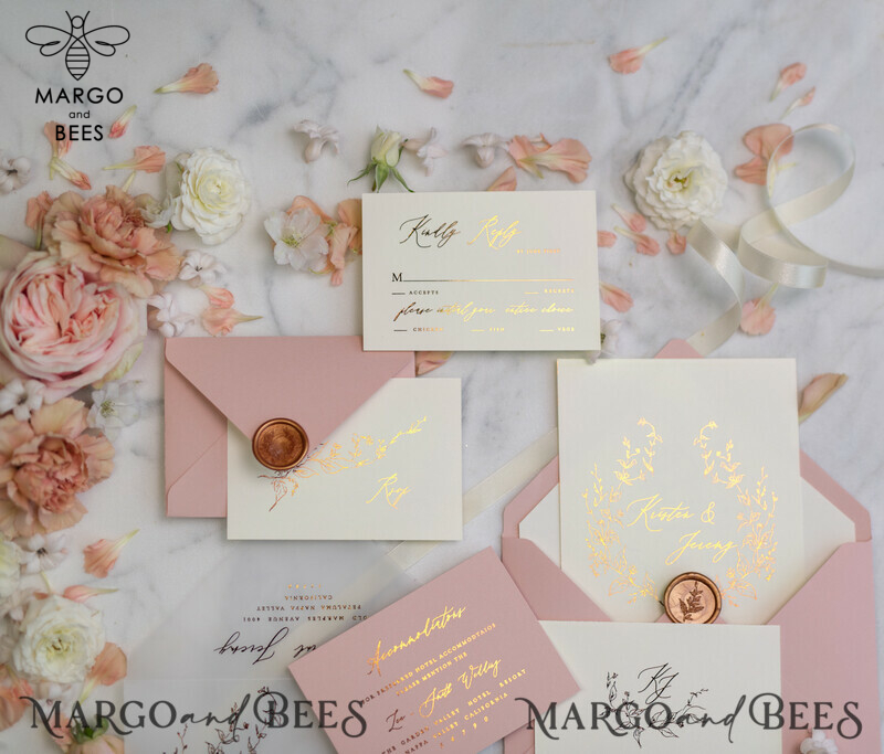 Bespoke Vellum Wedding Invitation Suite: Romantic Blush Pink and Glamour Gold Foil for Elegant Golden Wedding Invites-3
