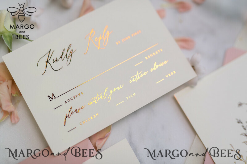 Bespoke Vellum Wedding Invitation Suite: Romantic Blush Pink and Glamour Gold Foil with Elegant Golden Touch-26