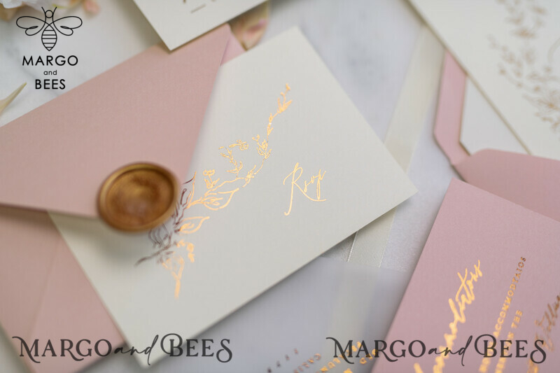 Bespoke Vellum Wedding Invitation Suite: Romantic Blush Pink and Glamour Gold Foil with Elegant Golden Touch-28